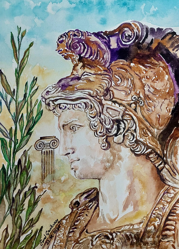 watercolour painting of a warrior from ancient times